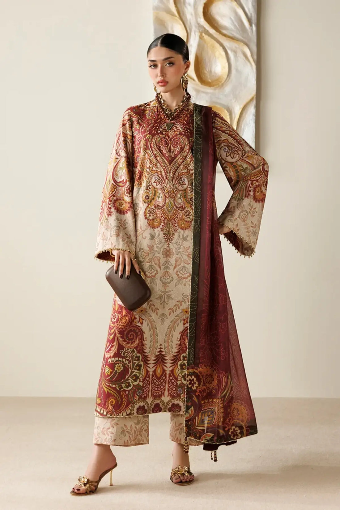 OR26-D08 beige handwork raw silk Pakistani stitched 3PC suit with printed tissue silk dupatta