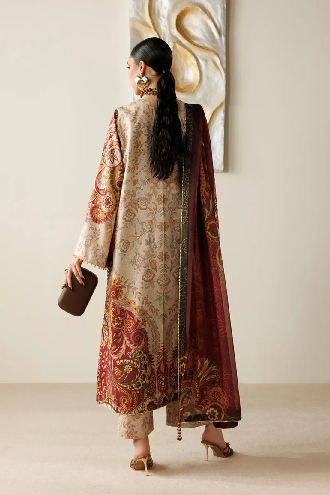 OR26-D08 beige handwork raw silk Pakistani stitched 3PC suit with printed tissue silk dupatta