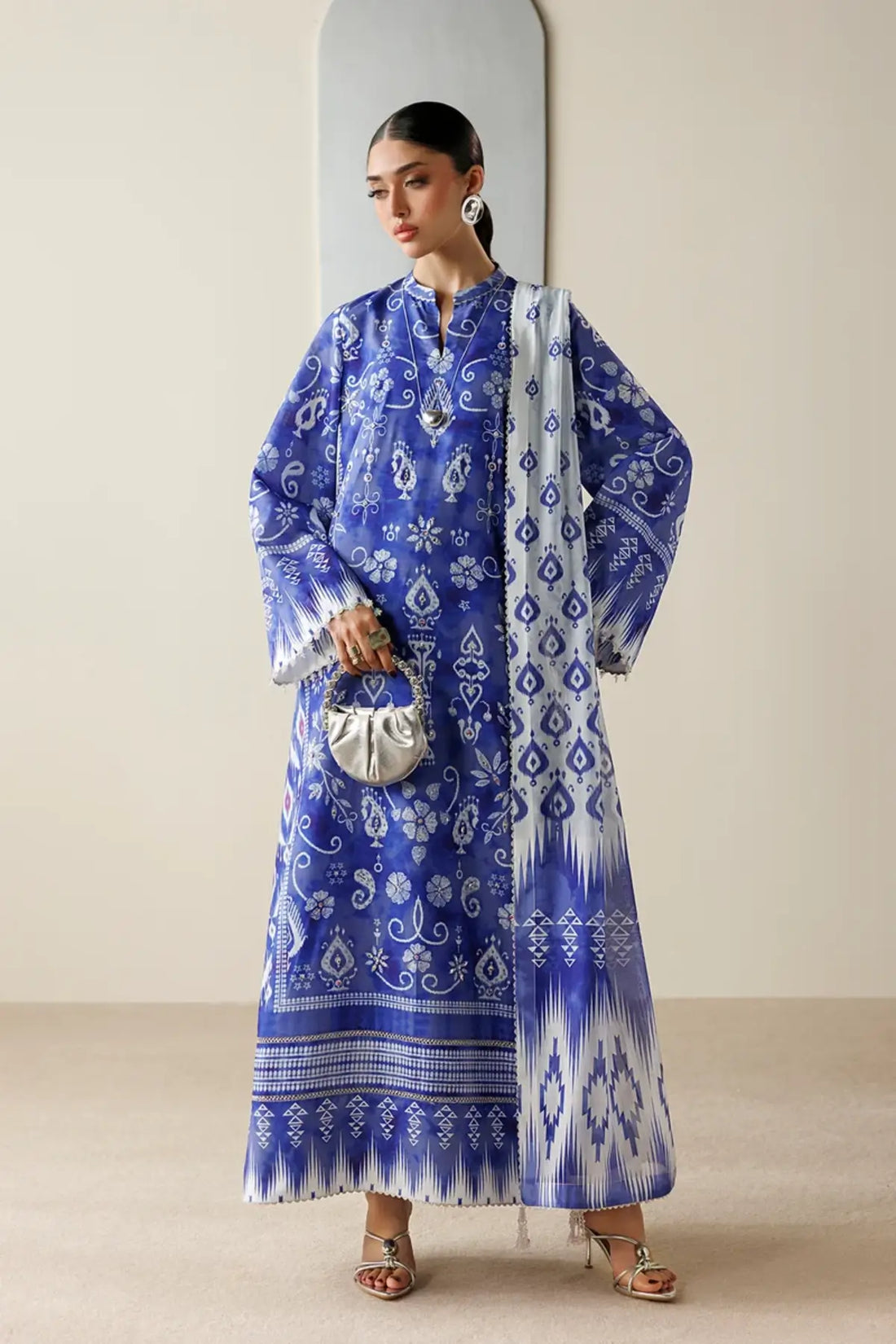 OR26-D09 royal blue raw silk Pakistani formal stitched suit with printed tissue silk dupatta
