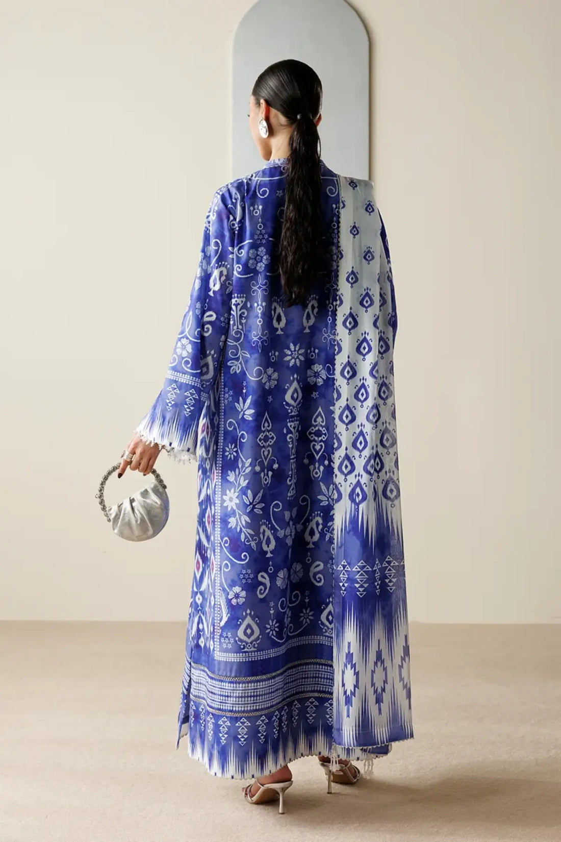 OR26-D09 royal blue raw silk Pakistani formal stitched suit with printed tissue silk dupatta