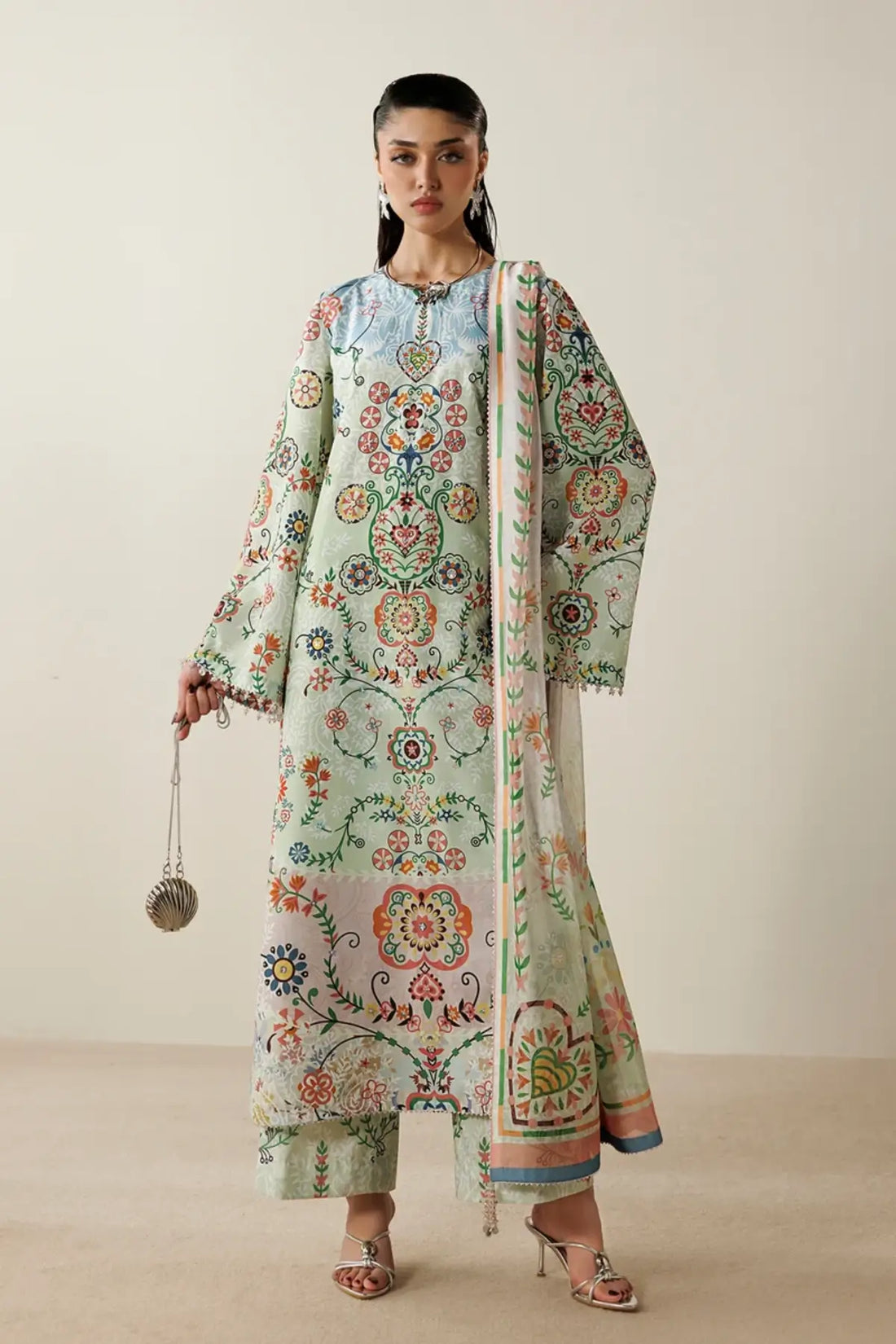 OR26-D10 mint hand embellished raw silk stitched 3PC Pakistani formal suit with printed tissue silk dupatta