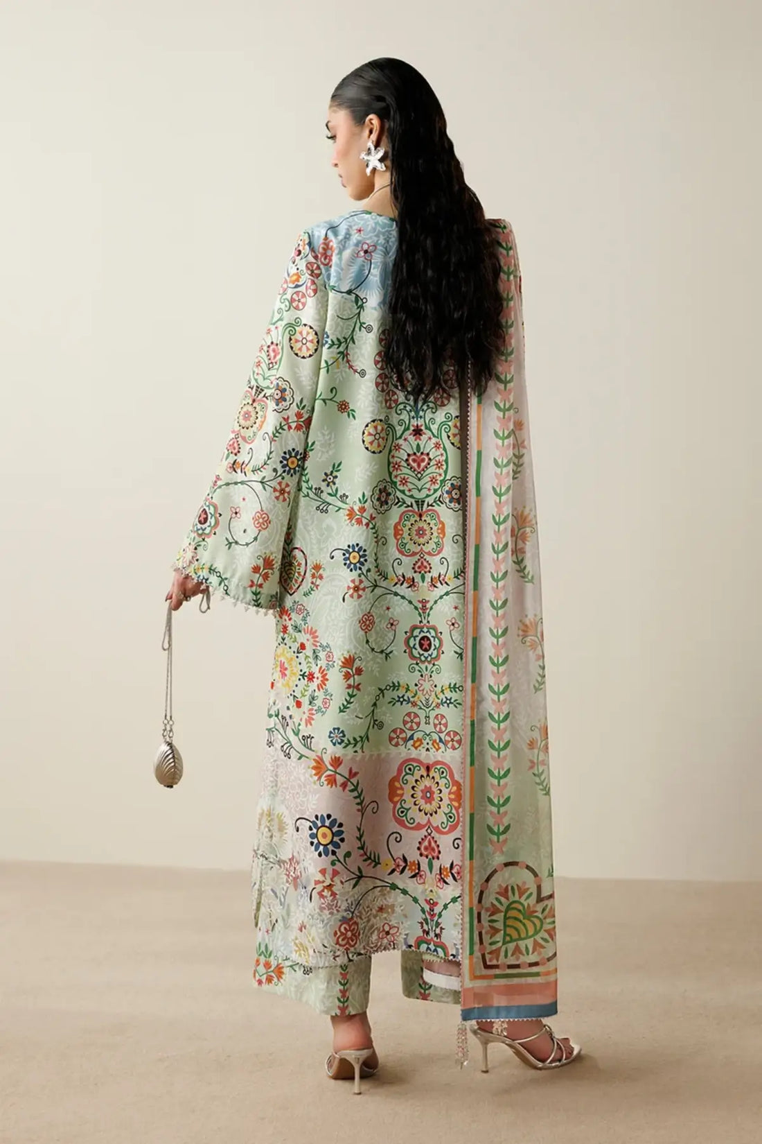 OR26-D10 mint hand embellished raw silk stitched 3PC Pakistani formal suit with printed tissue silk dupatta