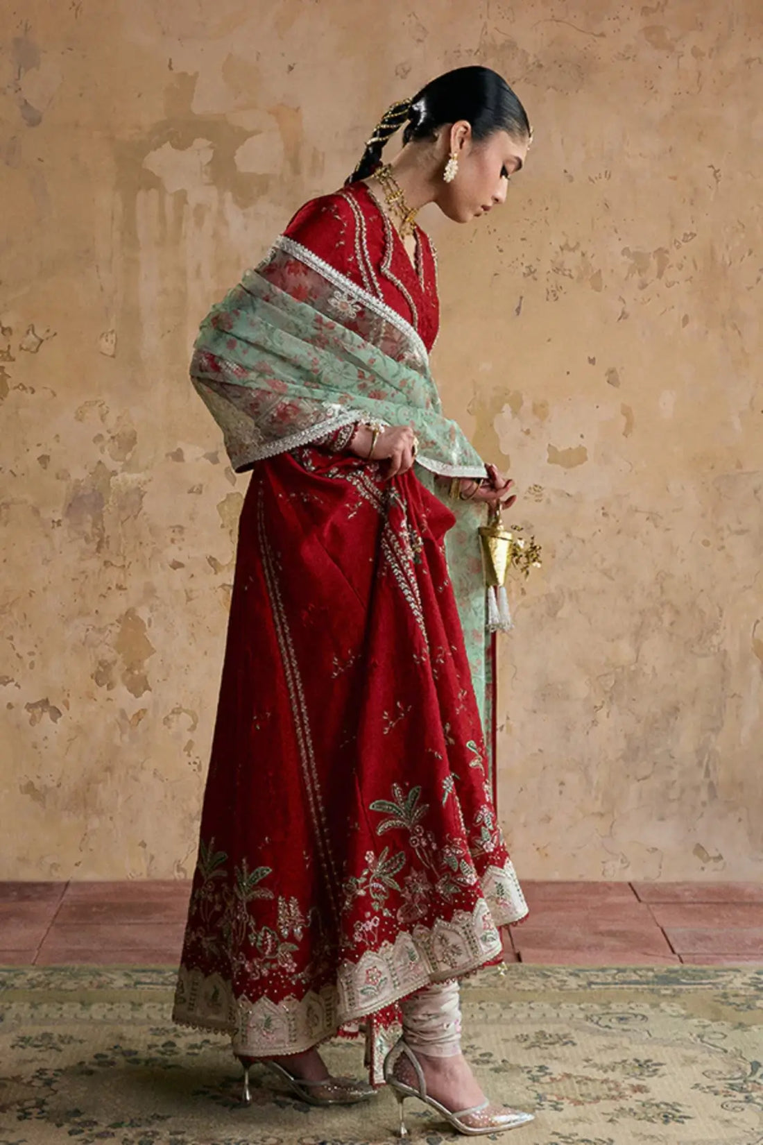 ORINA rustic red silk angrakha pishwaas 3PC by Suffuse at Pakistanimoda
