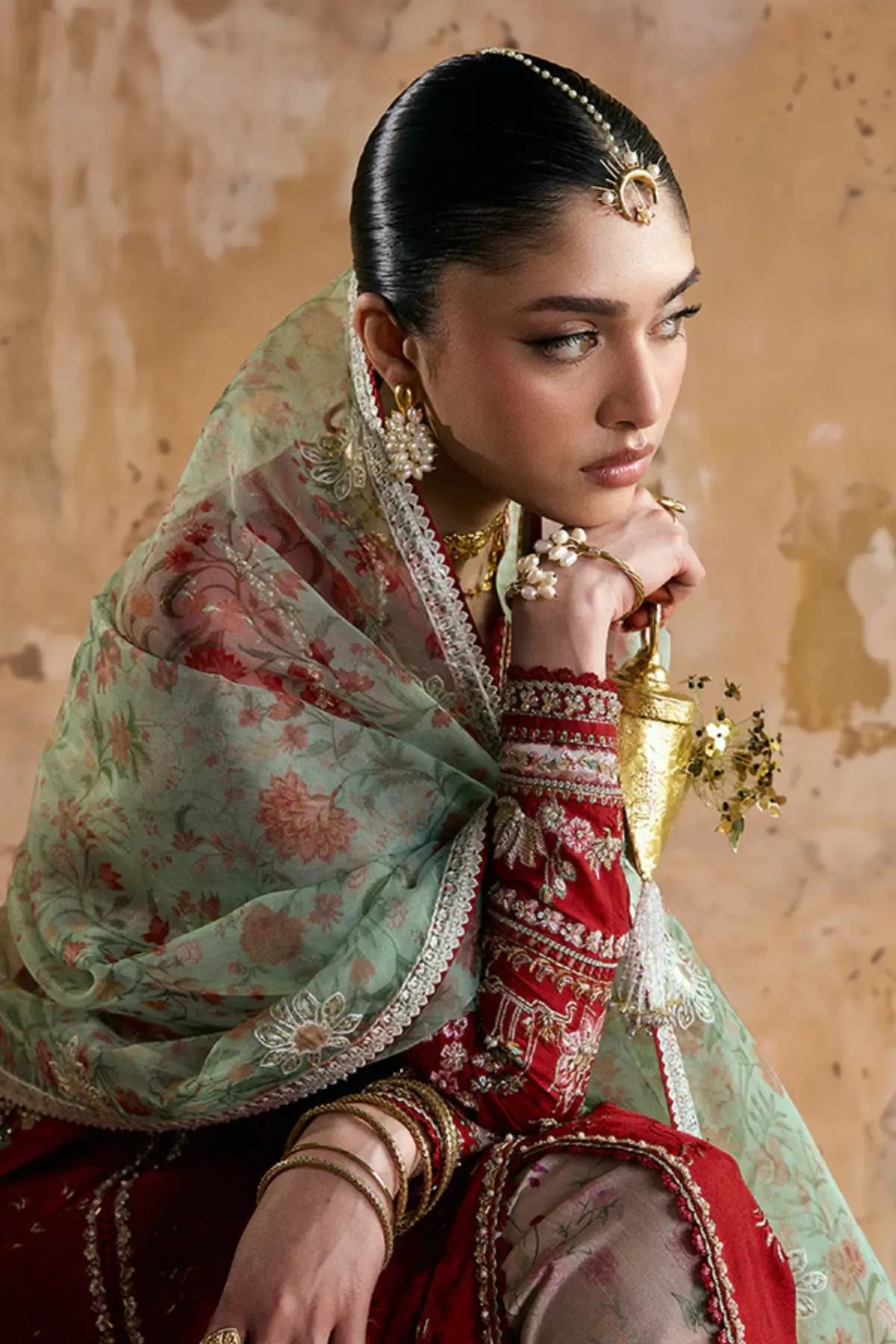 ORINA rustic red silk angrakha pishwaas 3PC by Suffuse at Pakistanimoda