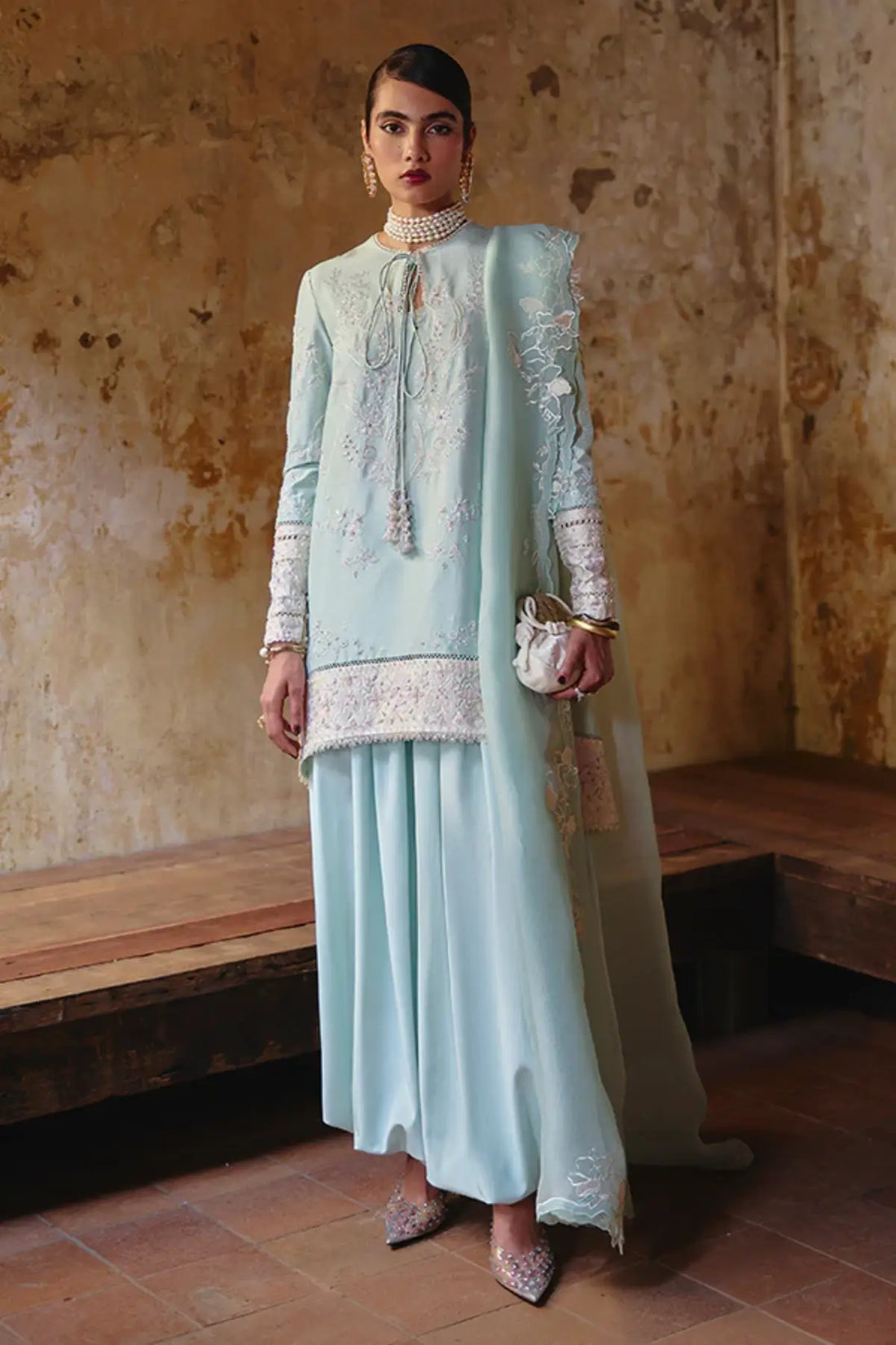 Suffuse OUREA mint pastel silk outfit with scalloped detailing Pakistanimoda