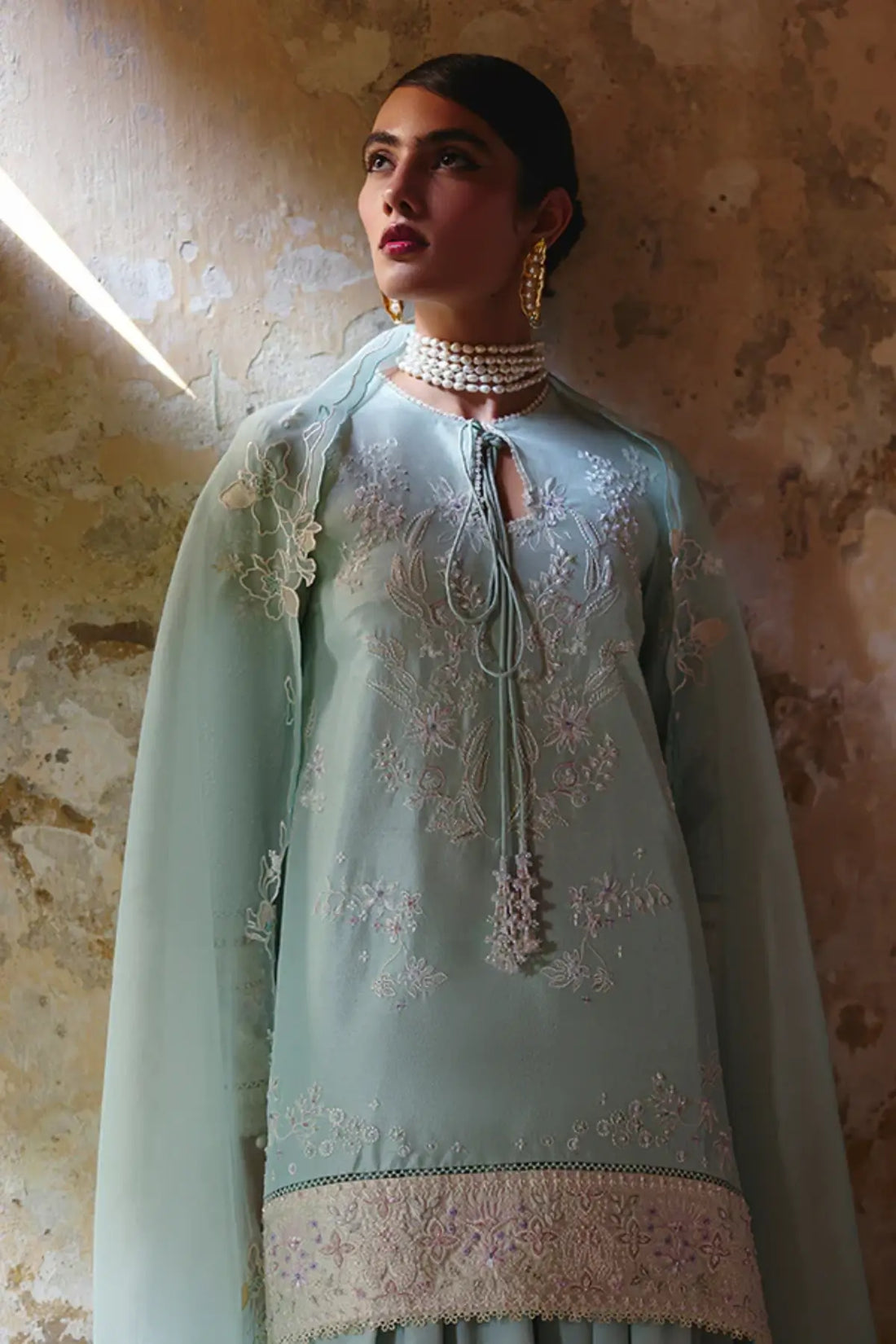 Suffuse OUREA mint pastel silk outfit with scalloped detailing Pakistanimoda