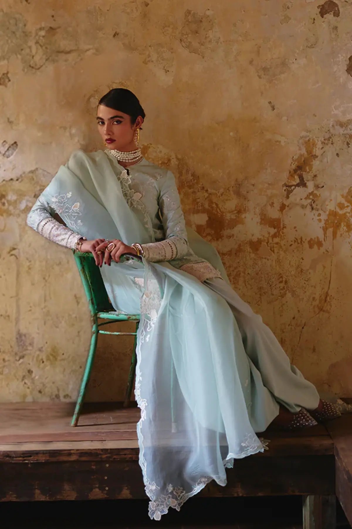 Suffuse OUREA mint pastel silk outfit with scalloped detailing Pakistanimoda