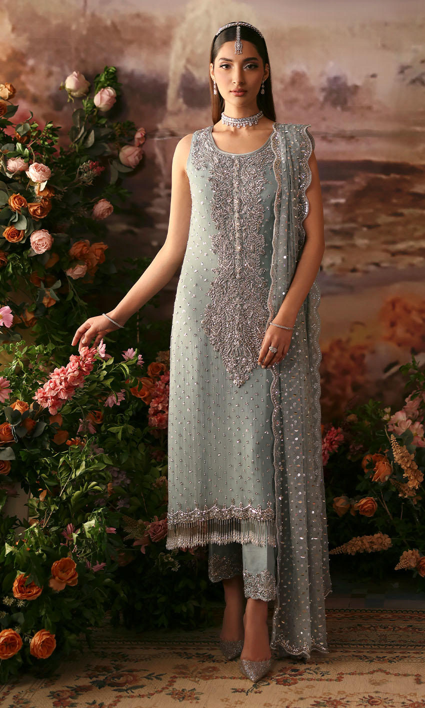 Powder blue chiffon formal dress with scalloped dupatta and silver handwork – Oasis by Pakistanimoda