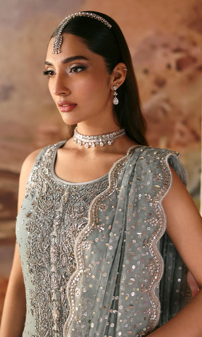 Powder blue chiffon formal dress with scalloped dupatta and silver handwork – Oasis by Pakistanimoda