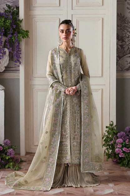 Obsidian designer beige organza sharara outfit with long embroidered shirt and dupatta by Akbar Aslam, luxury wear for festive celebrations.