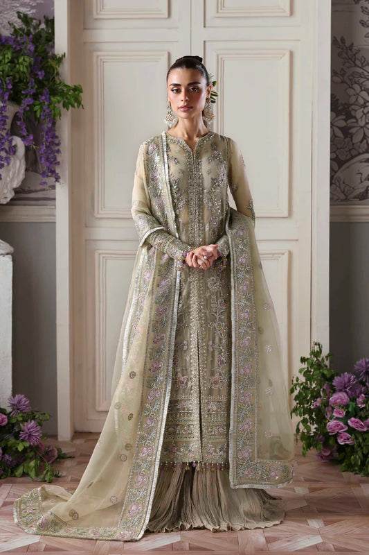 Obsidian designer beige organza sharara outfit with long embroidered shirt and dupatta by Akbar Aslam, luxury wear for festive celebrations.