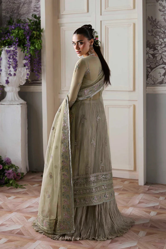 Obsidian designer beige organza sharara outfit with long embroidered shirt and dupatta by Akbar Aslam, luxury wear for festive celebrations.