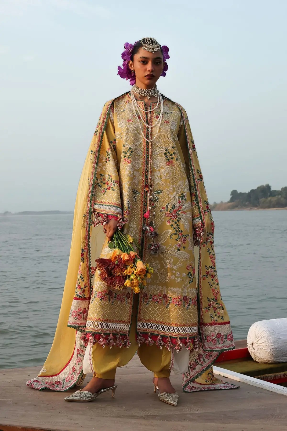 Hussain Rehar Ochre mustard yellow lawn suit with multicolor floral embroidery and chiffon dupatta