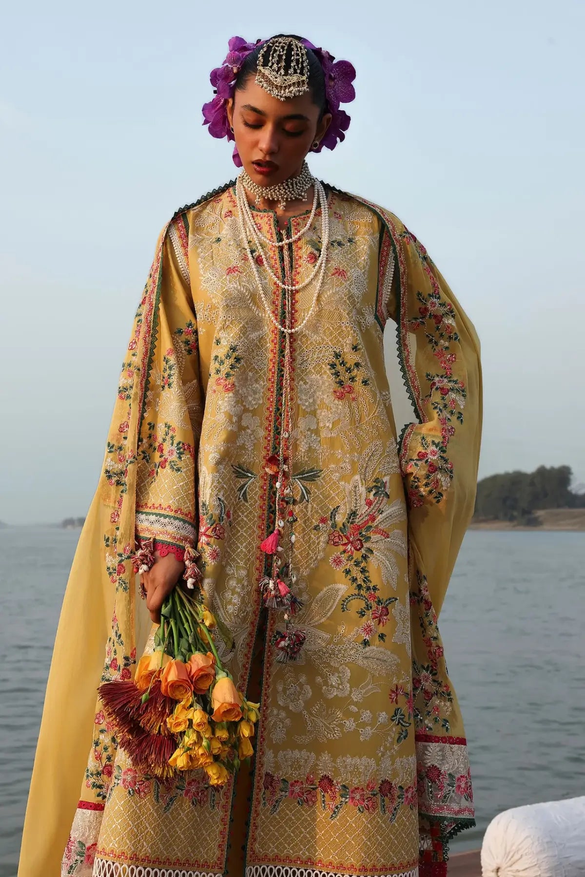 Hussain Rehar Ochre mustard yellow lawn suit with multicolor floral embroidery and chiffon dupatta