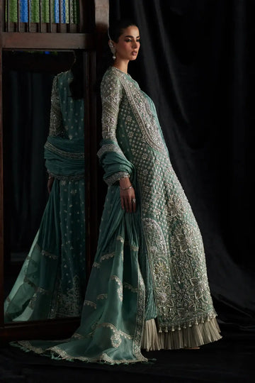 Olyra turquoise luxury formal Pishwas set by Saad Bin Shahzad with embroidered open gown