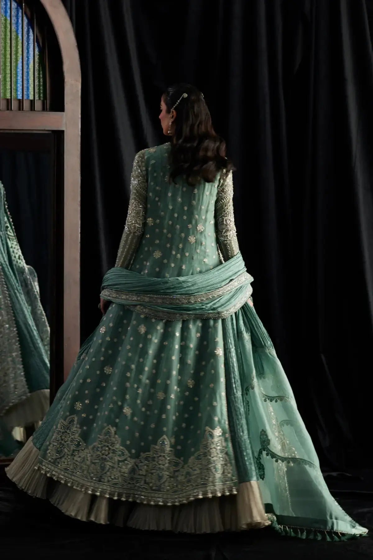 Olyra turquoise luxury formal Pishwas set by Saad Bin Shahzad with embroidered open gown