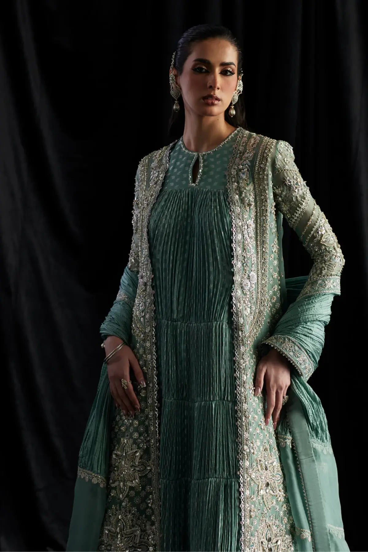 Olyra turquoise luxury formal Pishwas set by Saad Bin Shahzad with embroidered open gown
