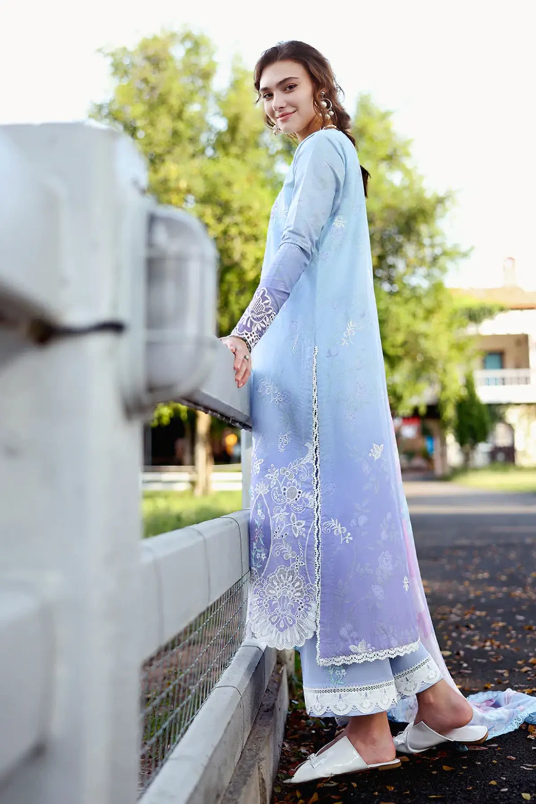 Ombre Whisper Mushq lavender ombre chikankari lawn 3pc stitched suit with chiffon dupatta