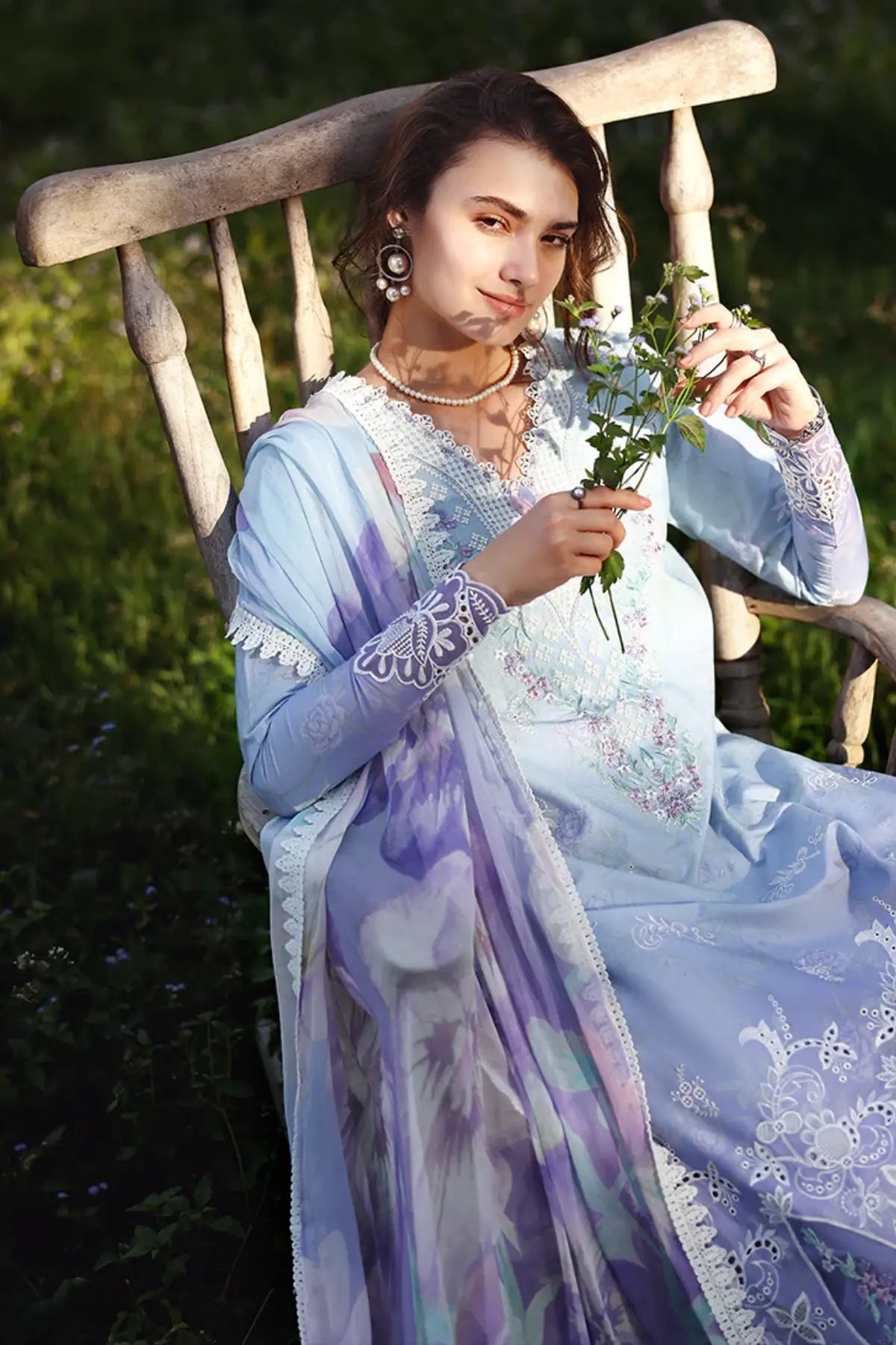 Ombre Whisper Mushq lavender ombre chikankari lawn 3pc stitched suit with chiffon dupatta