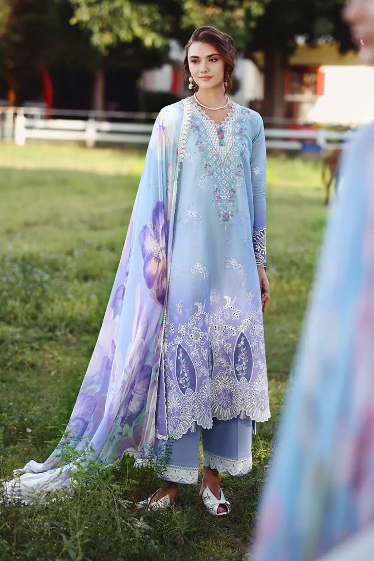 Ombre Whisper Mushq lavender ombre chikankari lawn 3pc stitched suit with chiffon dupatta