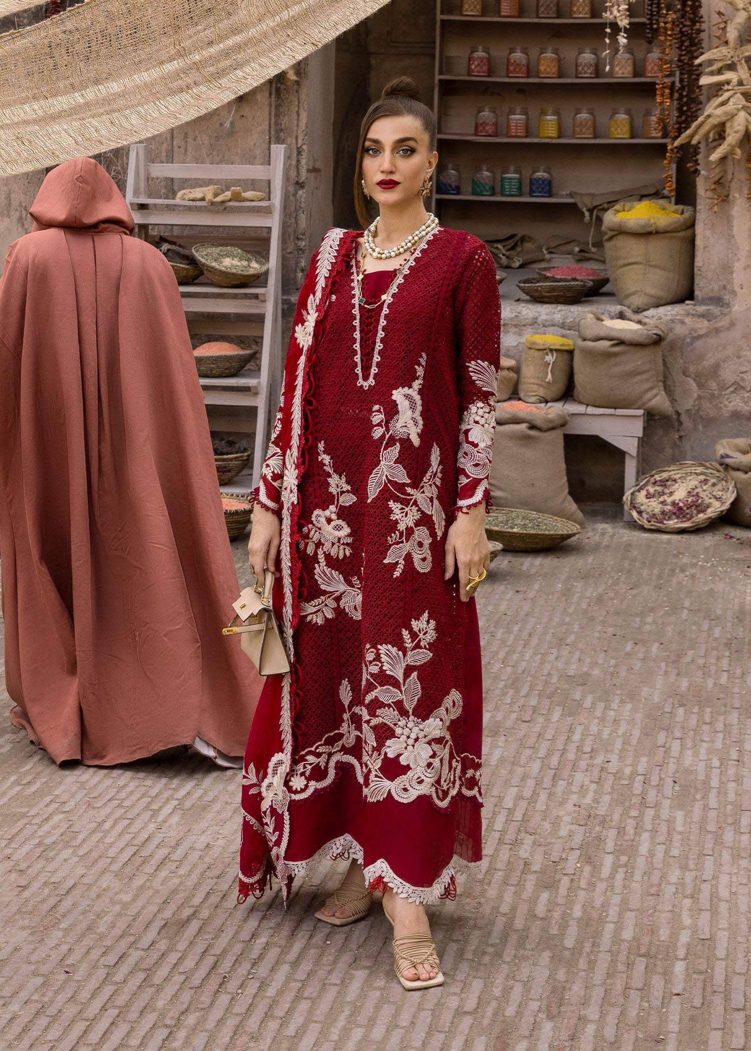 One True Love-D6A-Scarlet Red Embroidered Pakistani Dress with Ghaara Work by Crimson