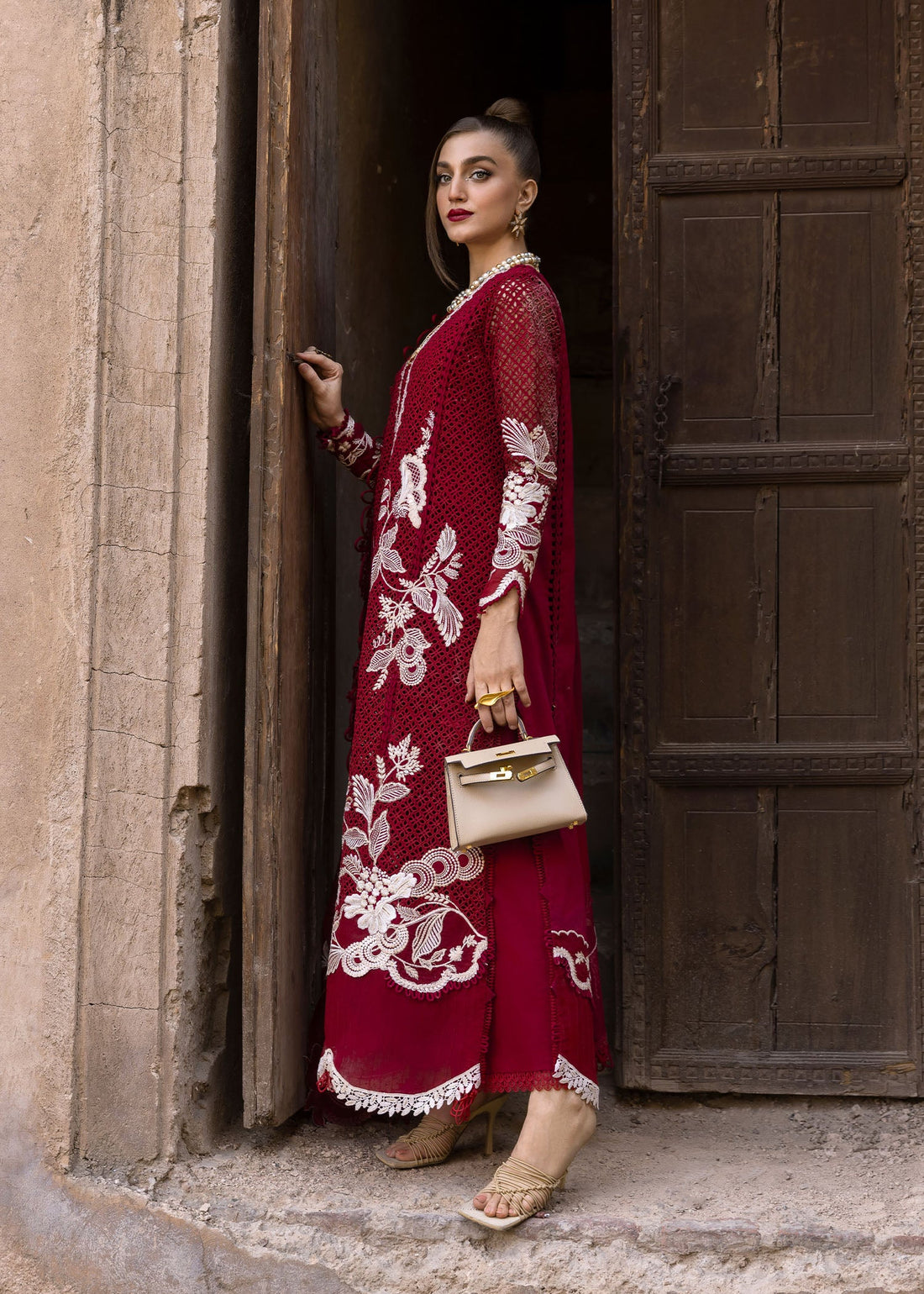 One True Love-D6A-Scarlet Red Embroidered Pakistani Dress with Ghaara Work by Crimson