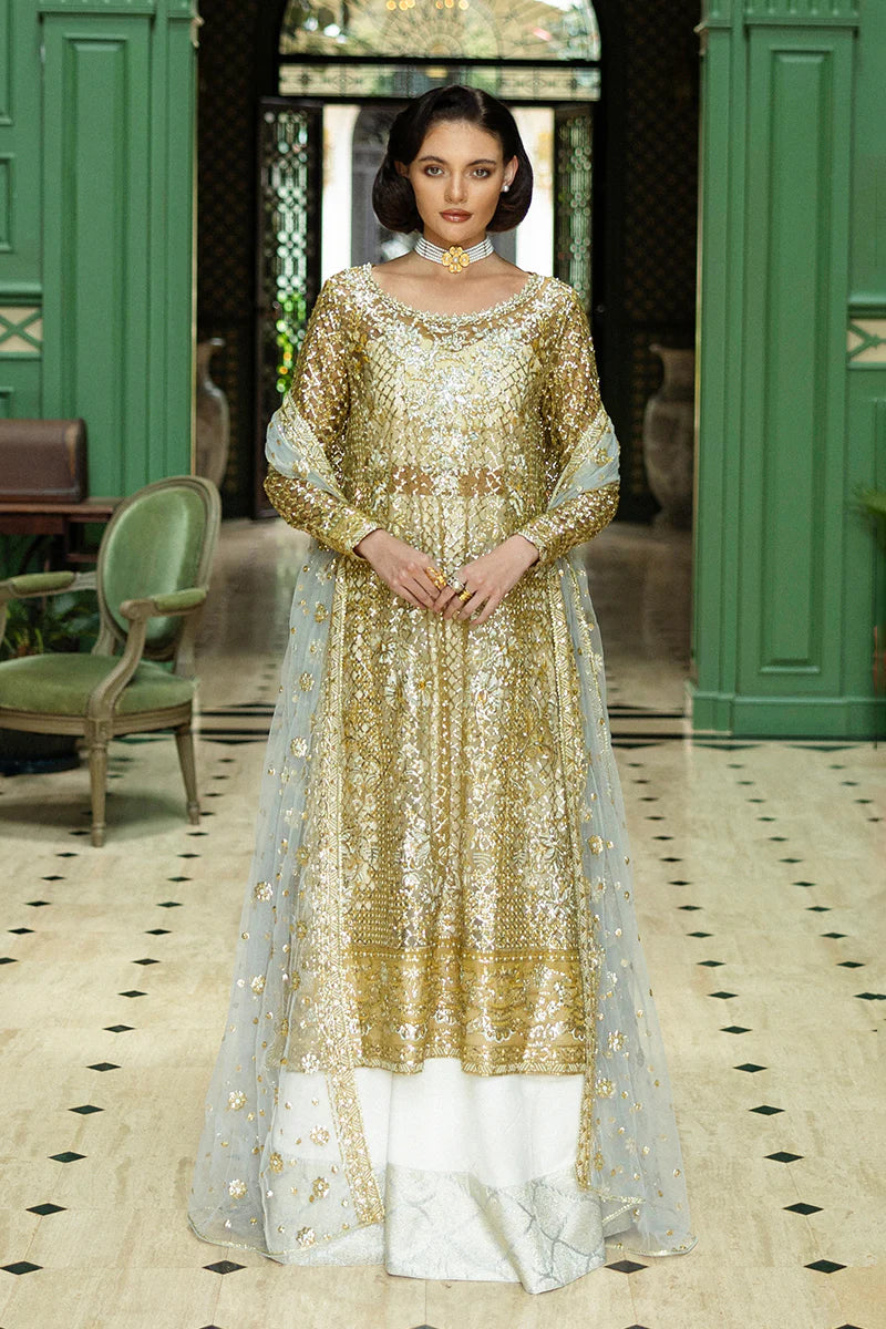 Mushq Only You stitched white & gold formal wedding suit with sequins and embroidery – shop online at Pakistanimoda.com.