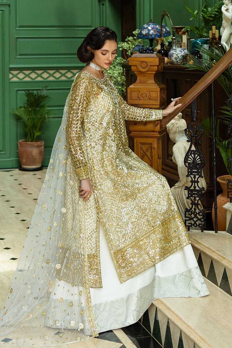 Mushq Only You stitched white & gold formal wedding suit with sequins and embroidery – shop online at Pakistanimoda.com.