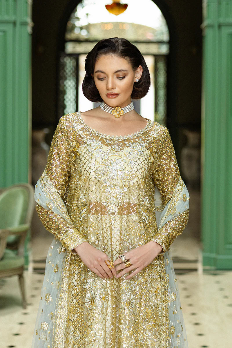 Mushq Only You stitched white & gold formal wedding suit with sequins and embroidery – shop online at Pakistanimoda.com.
