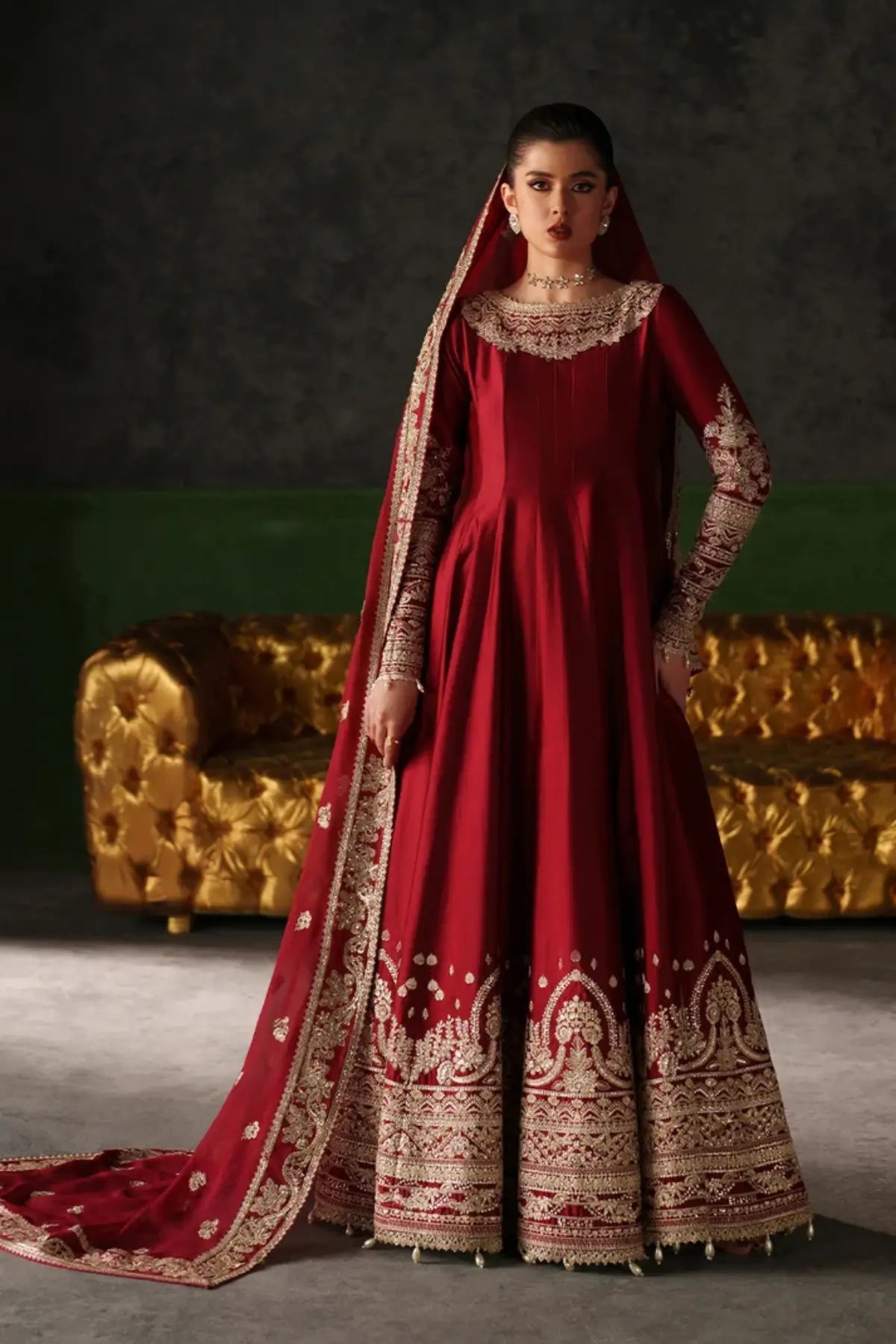Onyx Muse maroon embroidered raw silk Pakistani wedding stitched suit with chiffon dupatta