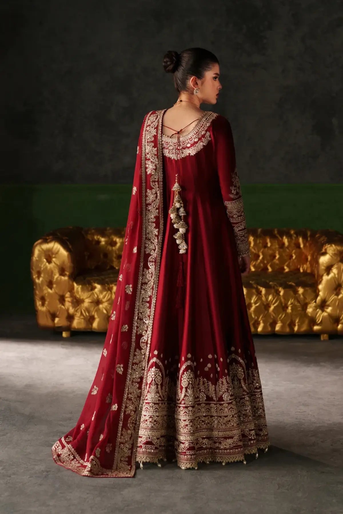 Onyx Muse maroon embroidered raw silk Pakistani wedding stitched suit with chiffon dupatta