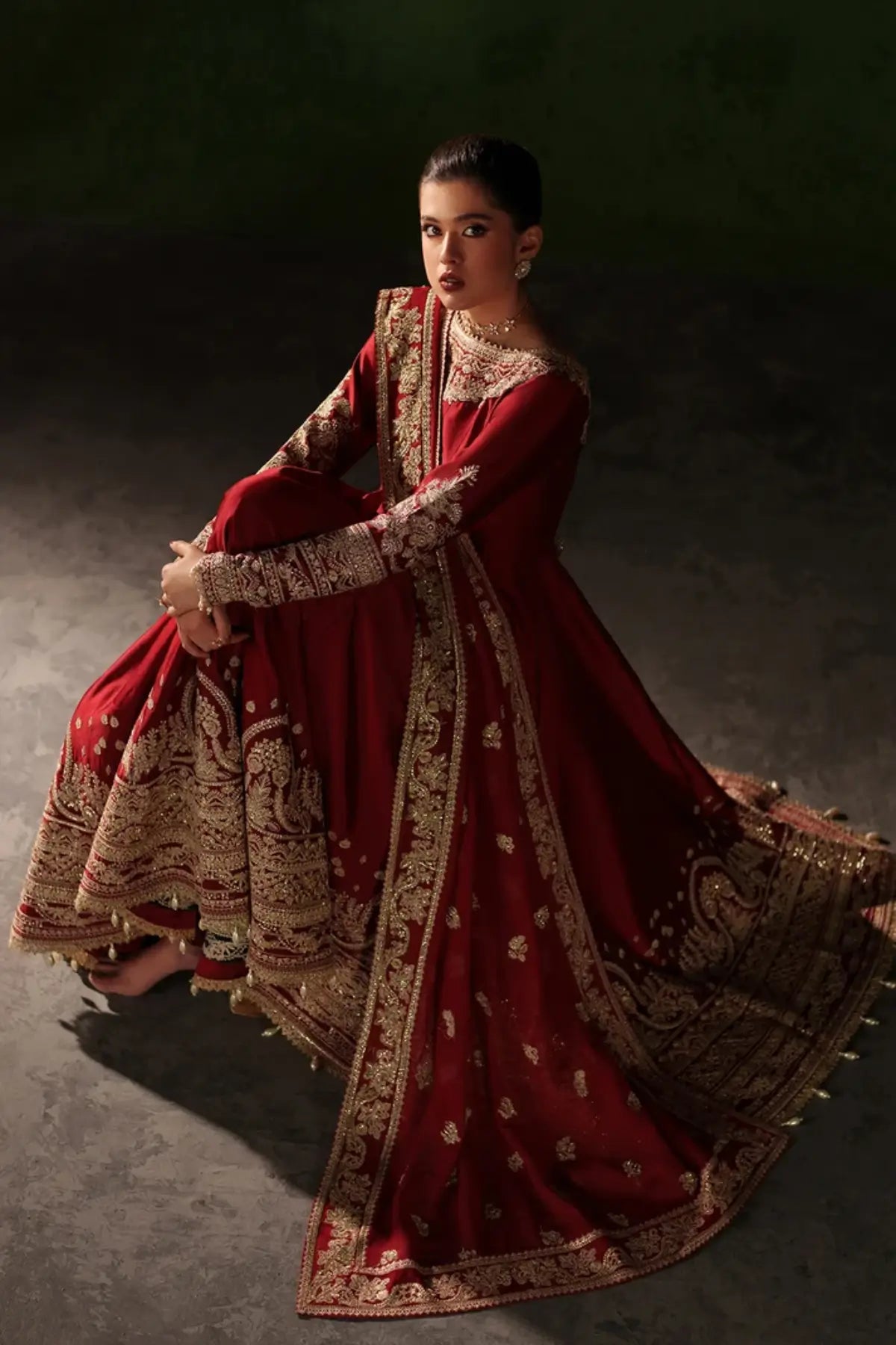 Onyx Muse maroon embroidered raw silk Pakistani wedding stitched suit with chiffon dupatta