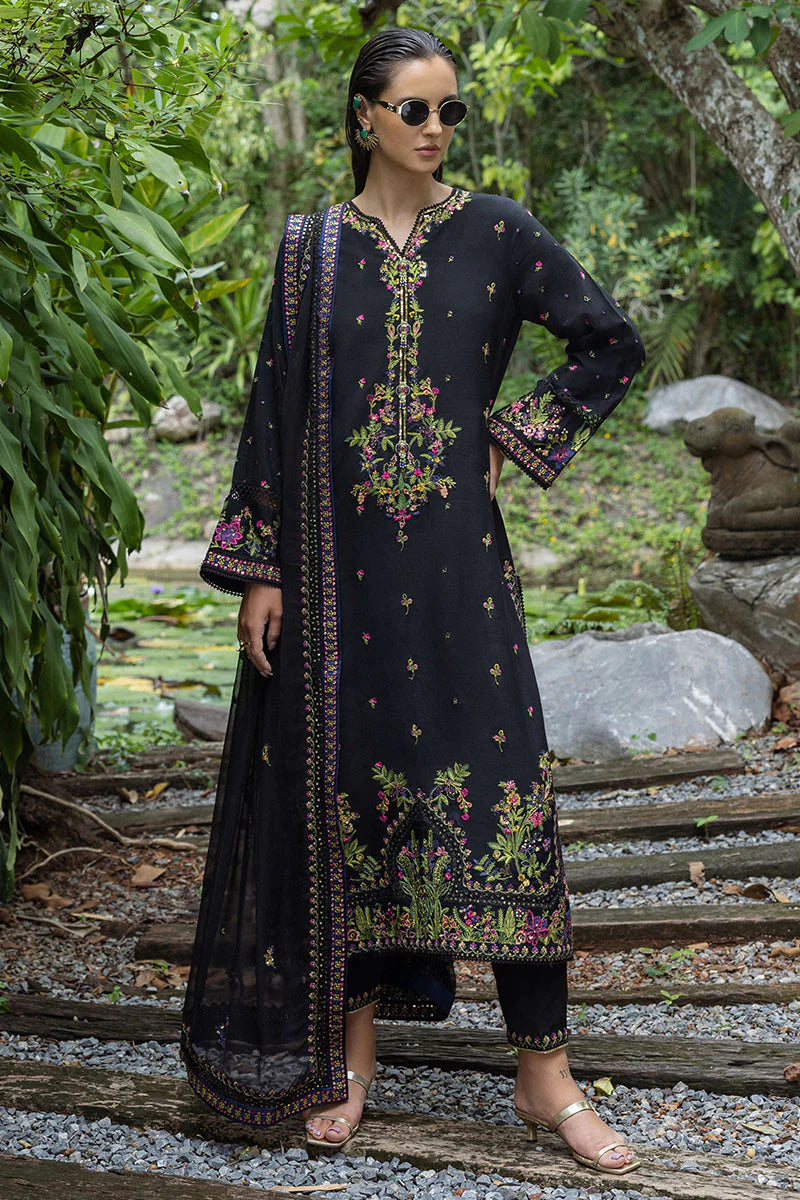 Onyxa black raw silk embroidered stitched suit with chiffon dupatta & crochet lace – party wear outfit online.