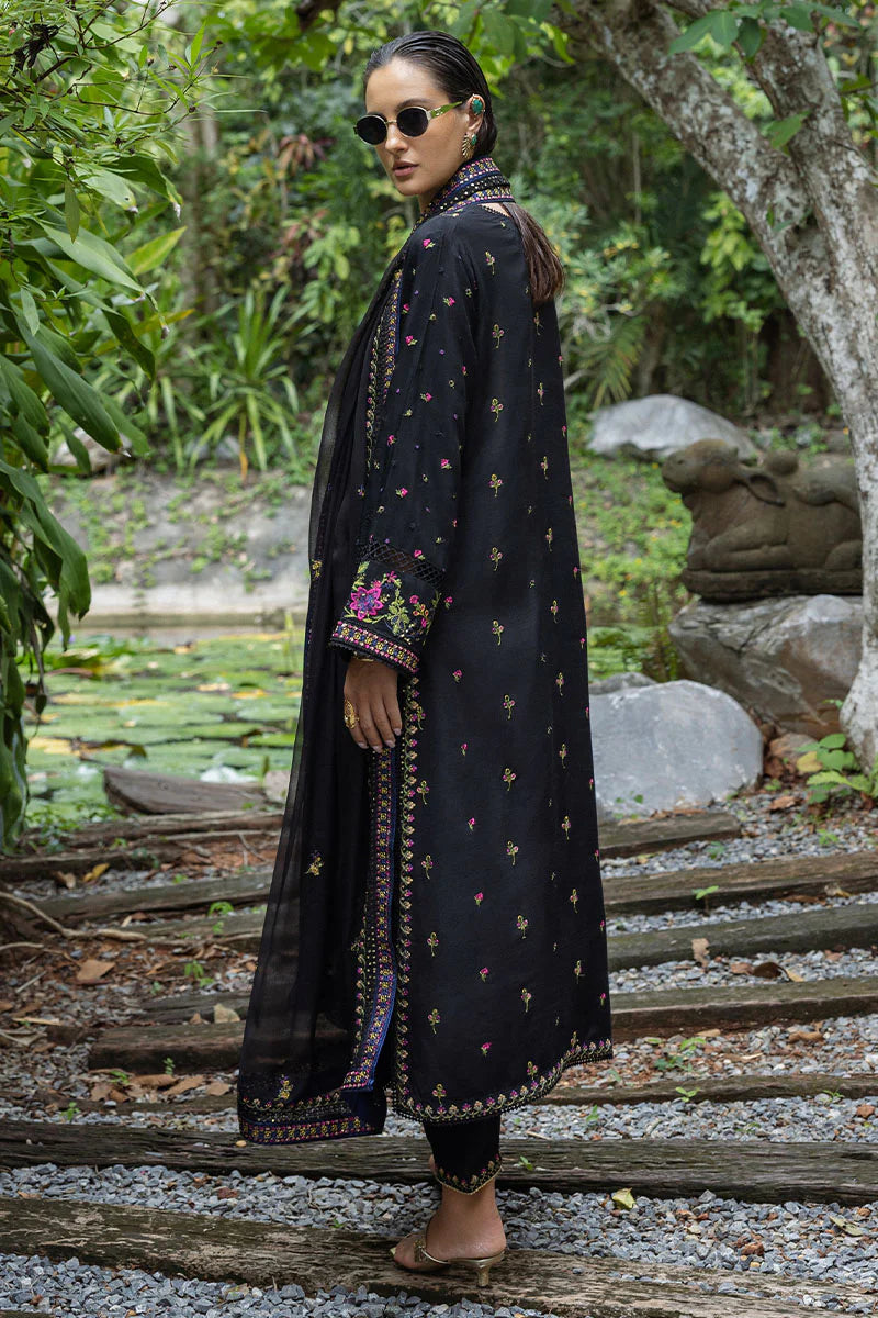 Onyxa black raw silk embroidered stitched suit with chiffon dupatta & crochet lace – party wear outfit online.