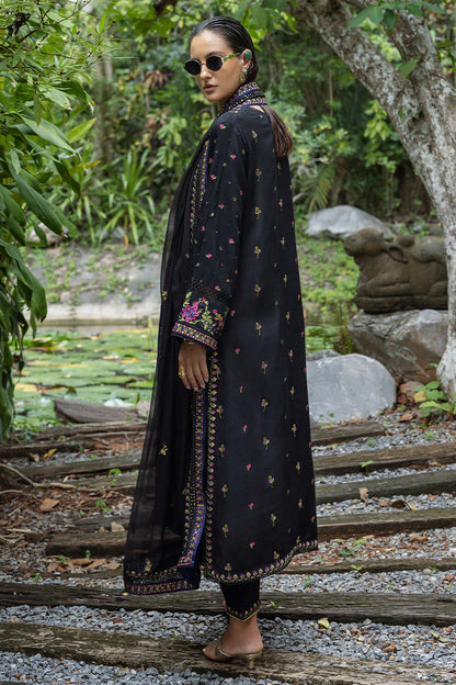 Onyxa black raw silk embroidered stitched suit with chiffon dupatta & crochet lace – party wear outfit online.