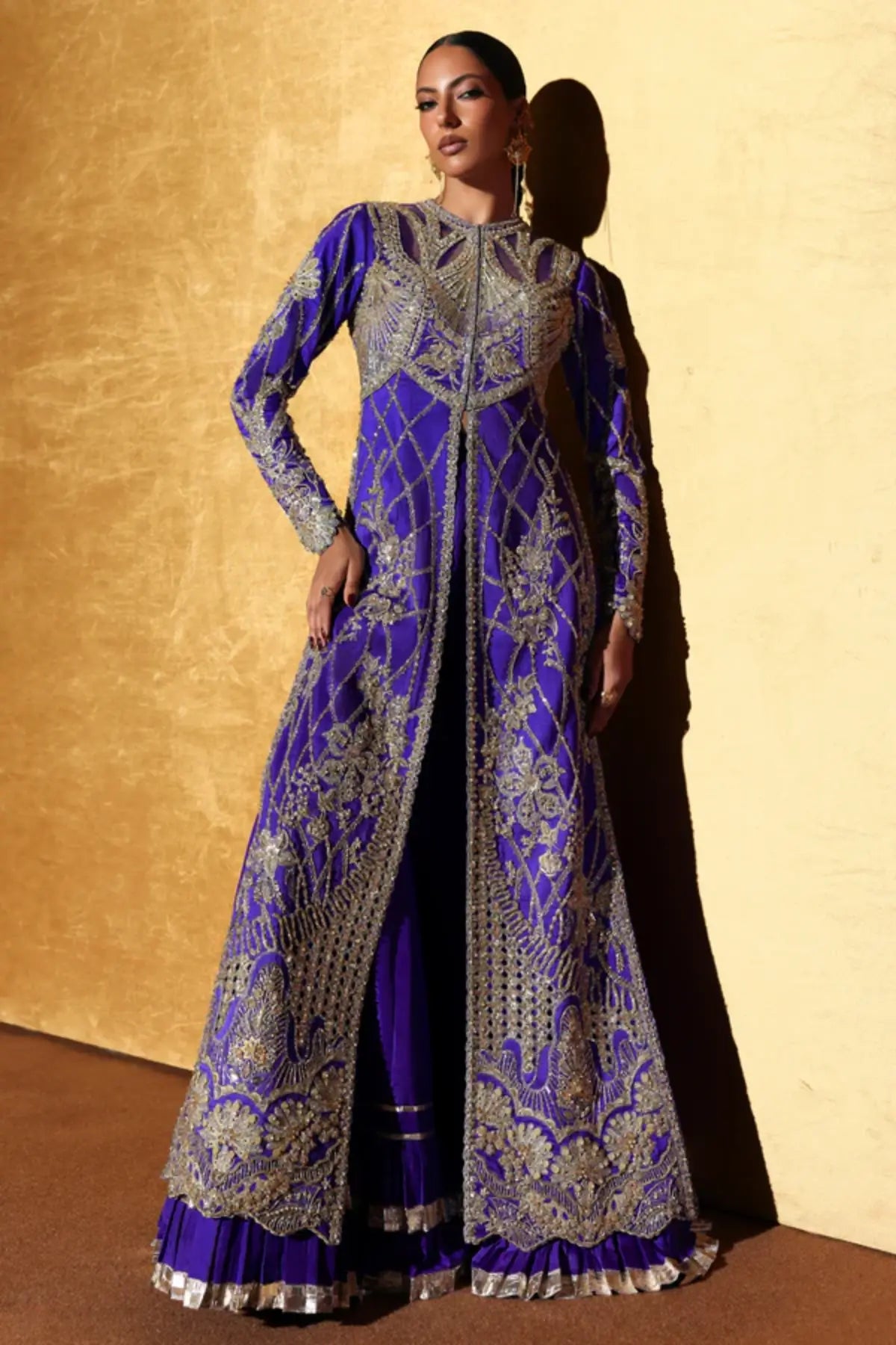 Ophira by Soraya Rich Potent Blue raw silk luxury formal set with ruffle pants and chiffon dupatta