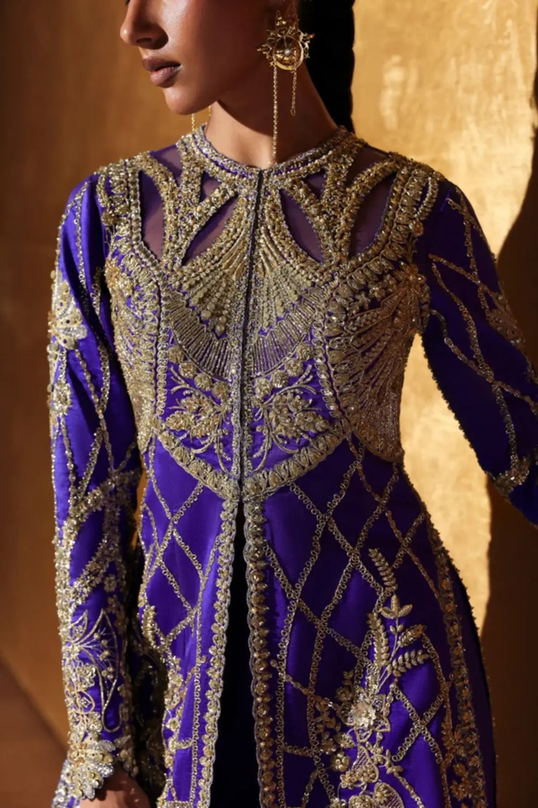 Ophira by Soraya Rich Potent Blue raw silk luxury formal set with ruffle pants and chiffon dupatta