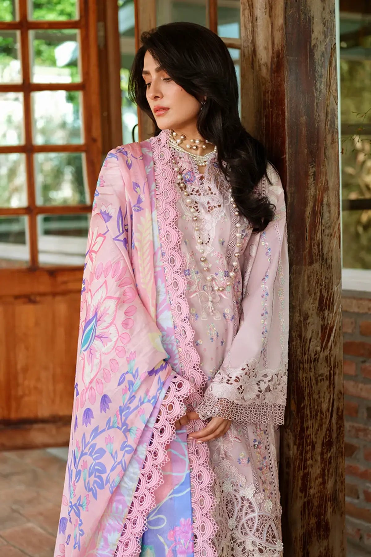 Pakistani mauve chikan lawn 3PC suit by Mushq Opulent Whisper with dupatta