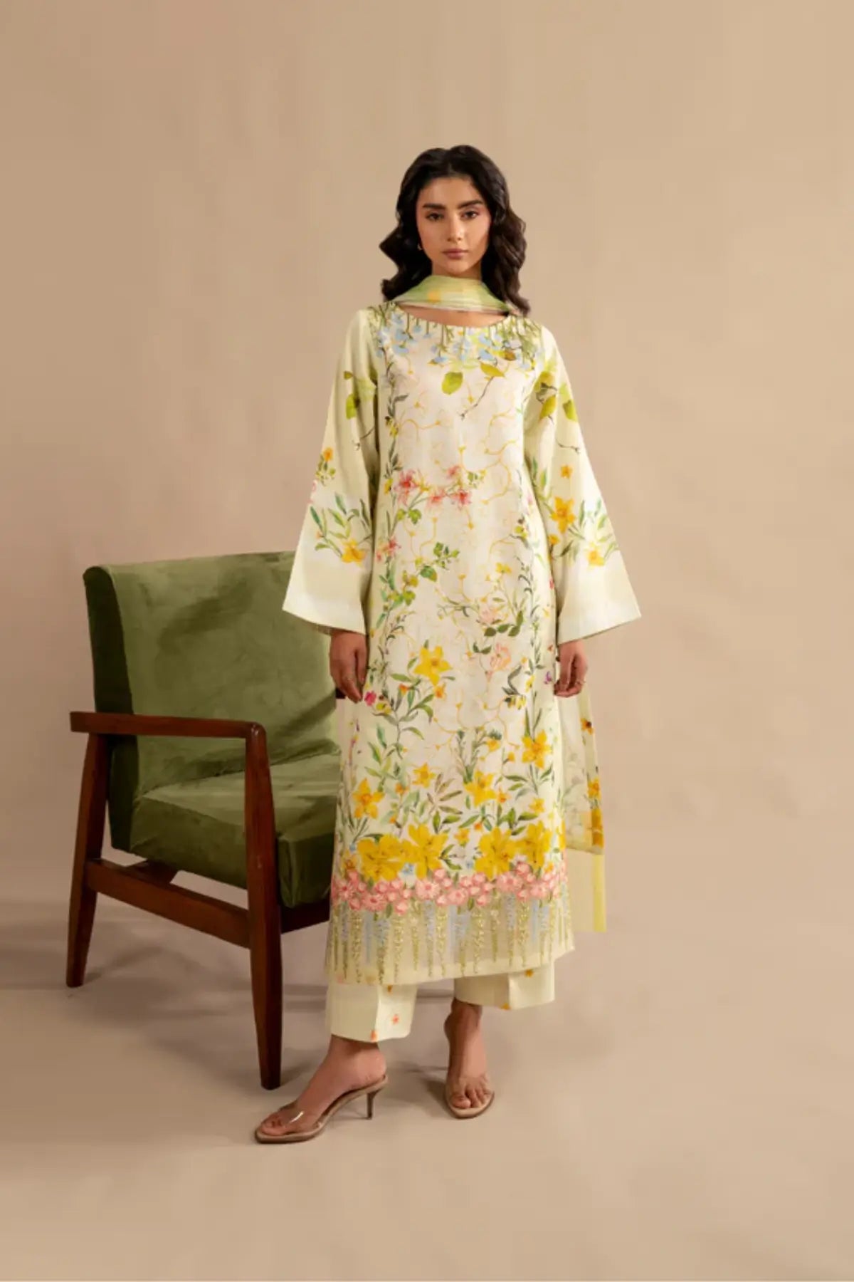 Orchid MSSL-01 butter yellow stitched lawn 3PC from Meraki Summer 26 available at Pakistanimoda