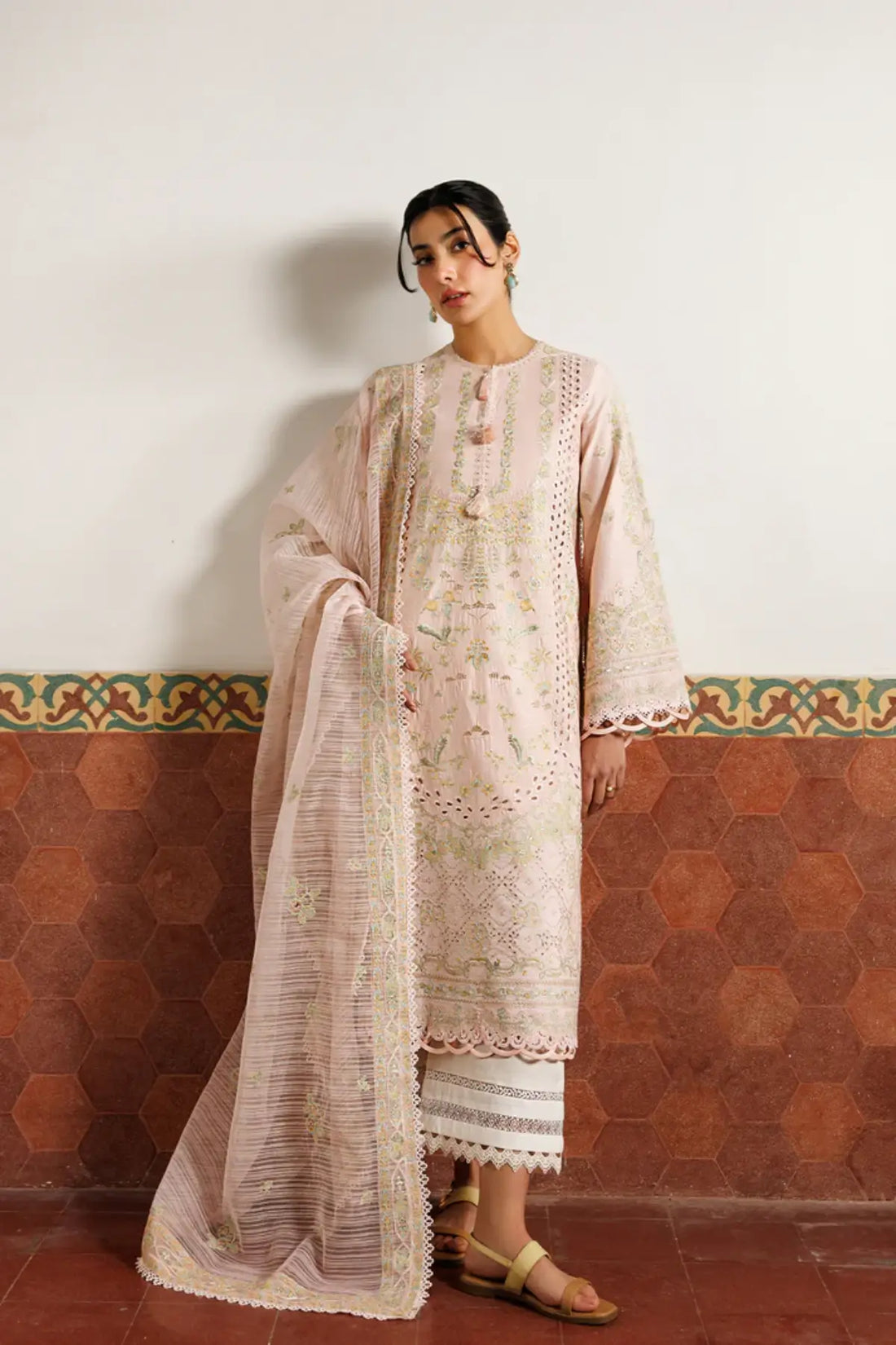 Orchid Royale Emaan Adeel peach embroidered lawn stitched suit with cotton net dupatta