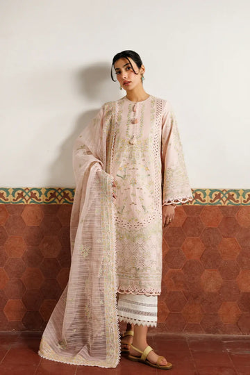Orchid Royale Emaan Adeel peach embroidered lawn stitched suit with cotton net dupatta