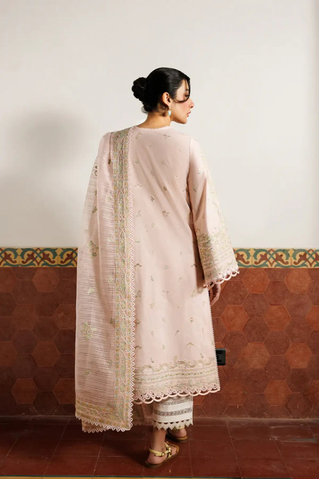 Orchid Royale Emaan Adeel peach embroidered lawn stitched suit with cotton net dupatta