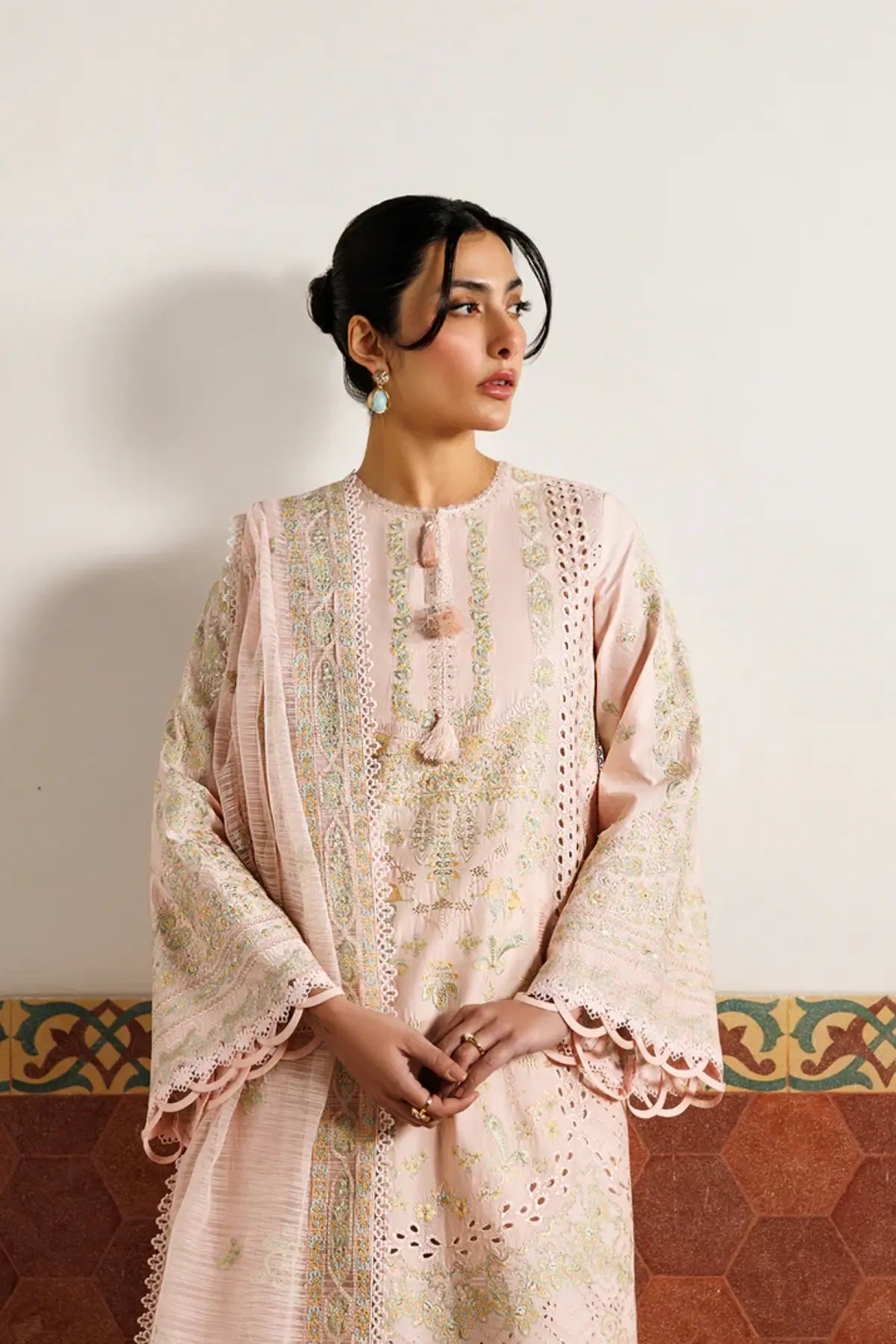 Orchid Royale Emaan Adeel peach embroidered lawn stitched suit with cotton net dupatta
