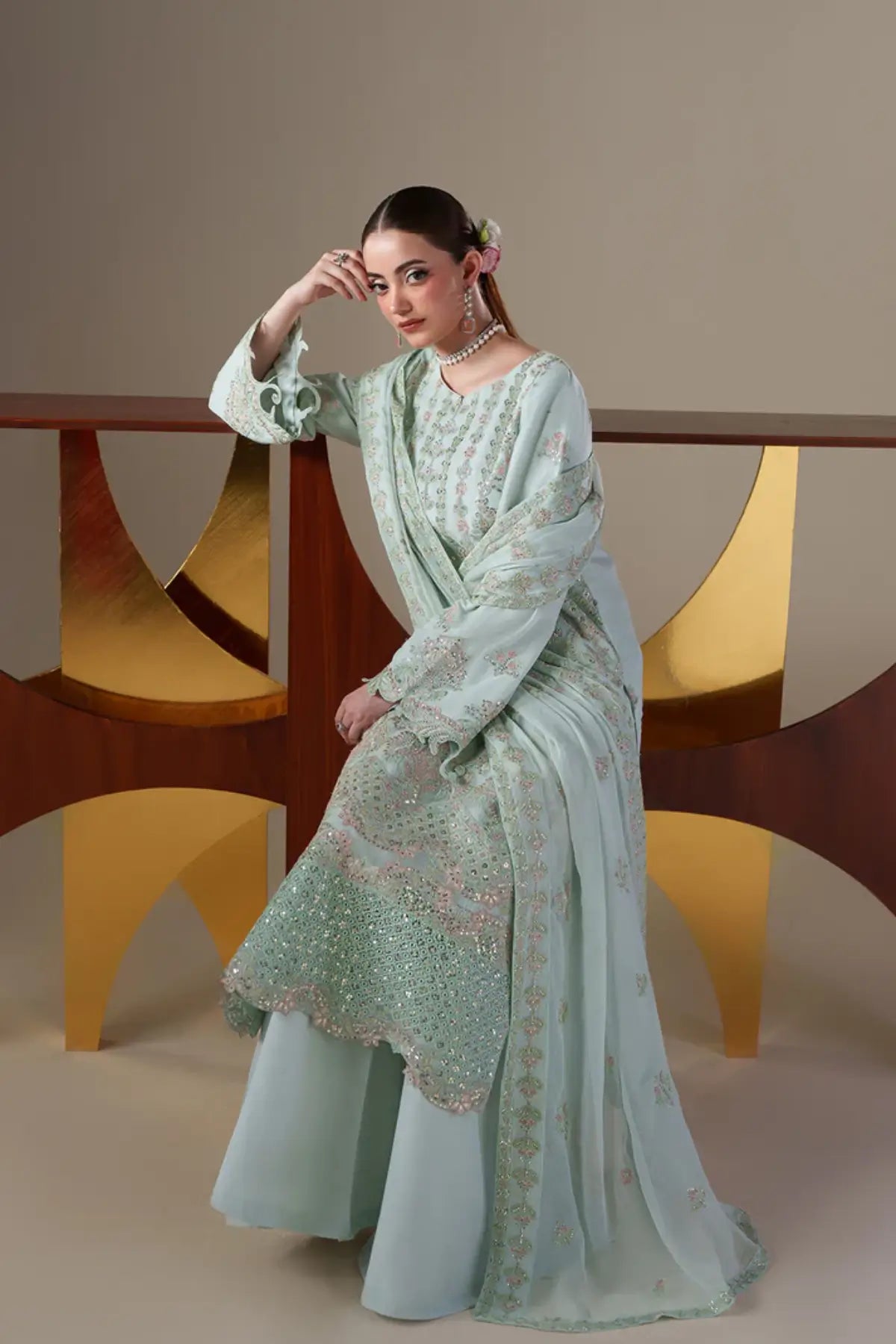 Orla Emaan Adeel Nouvelle Luxury Chiffon Mint Embroidered Stitched 3PC Suit | Pakistanimoda