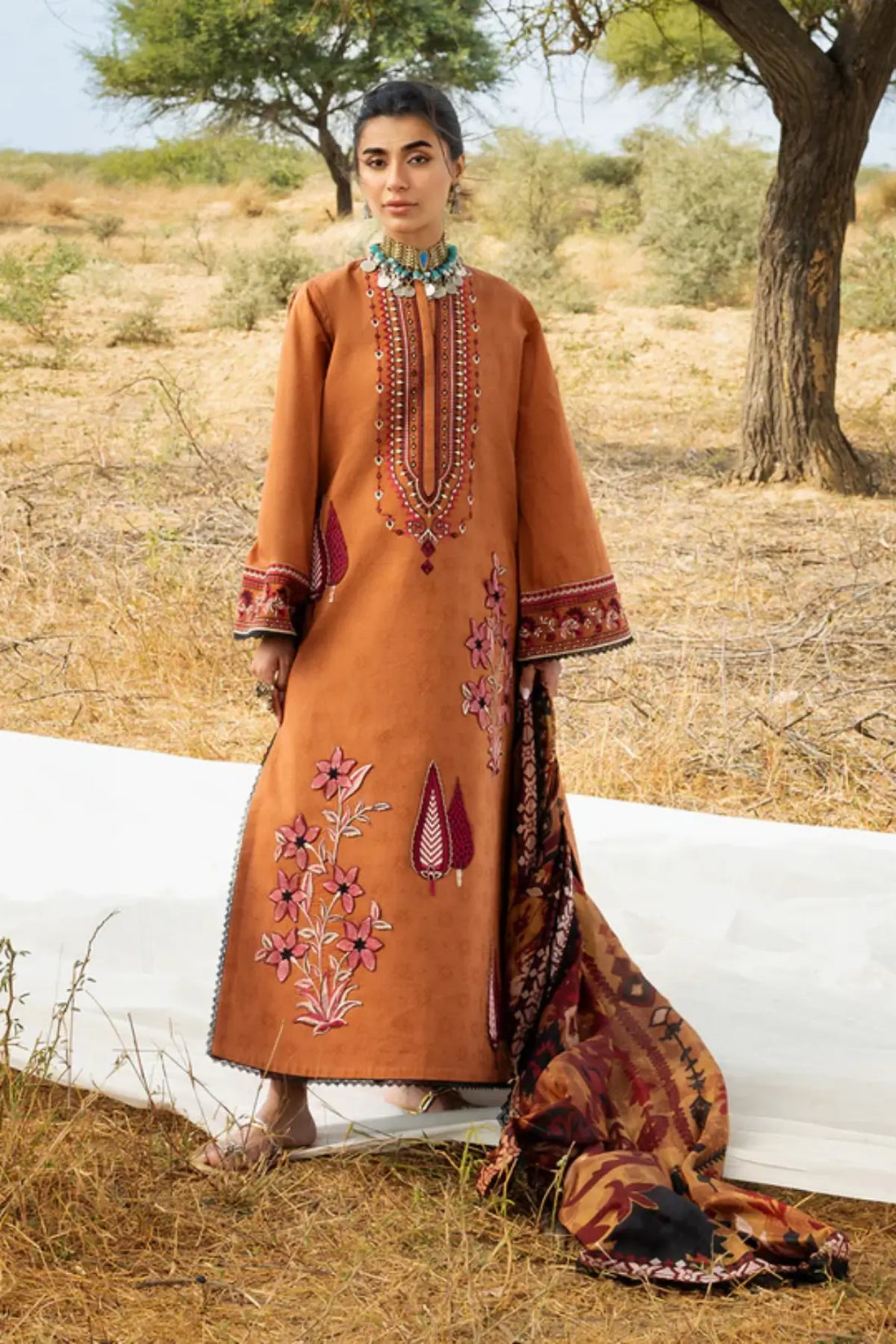 Zainab Chottani Orlina orange lawn 3PC stitched Pakistani suit with silk dupatta