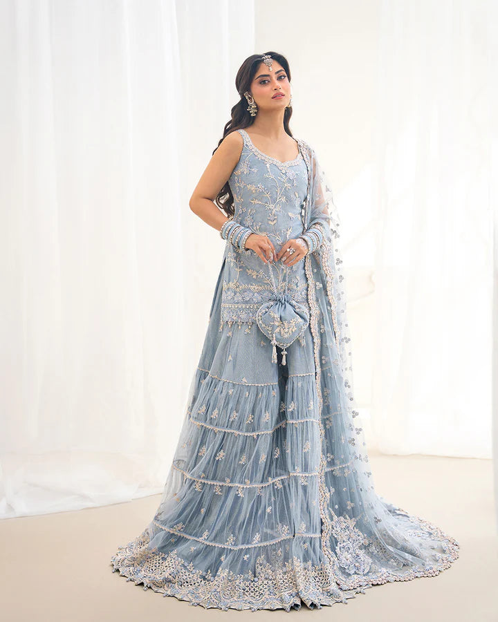 Oya Faiza Saqlain ice blue net gharara dress with embroidered dupatta and panels – Pakistanimoda UAE express delivery