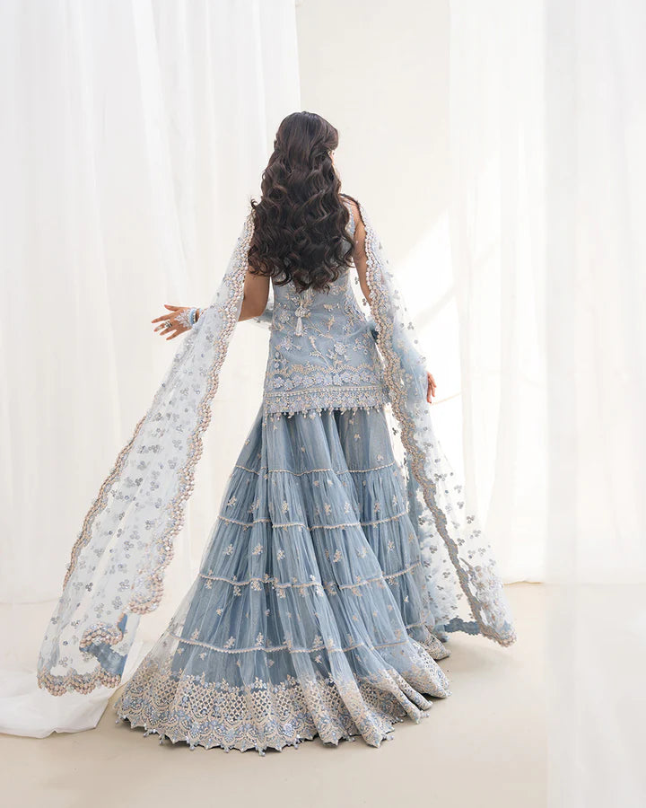 Oya Faiza Saqlain ice blue net gharara dress with embroidered dupatta and panels – Pakistanimoda UAE express delivery