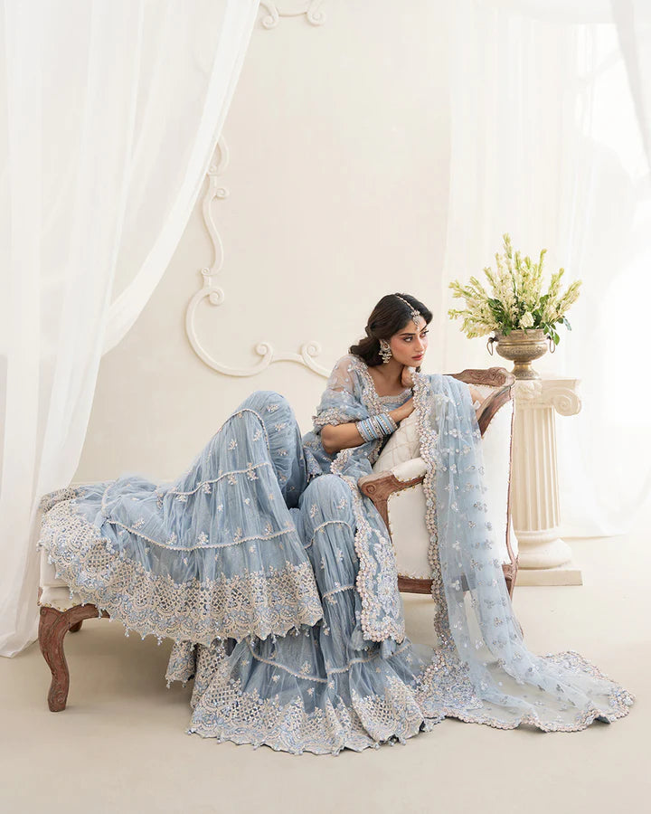 Oya Faiza Saqlain ice blue net gharara dress with embroidered dupatta and panels – Pakistanimoda UAE express delivery