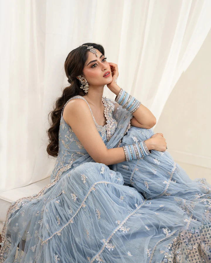 Oya Faiza Saqlain ice blue net gharara dress with embroidered dupatta and panels – Pakistanimoda UAE express delivery