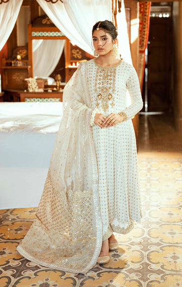 PAREESA ivory Pakistani outfit with chiffon shirt, dabka and mirror work, embellished silk culottes, and organza dupatta – formal wear by Pakistanimoda.com